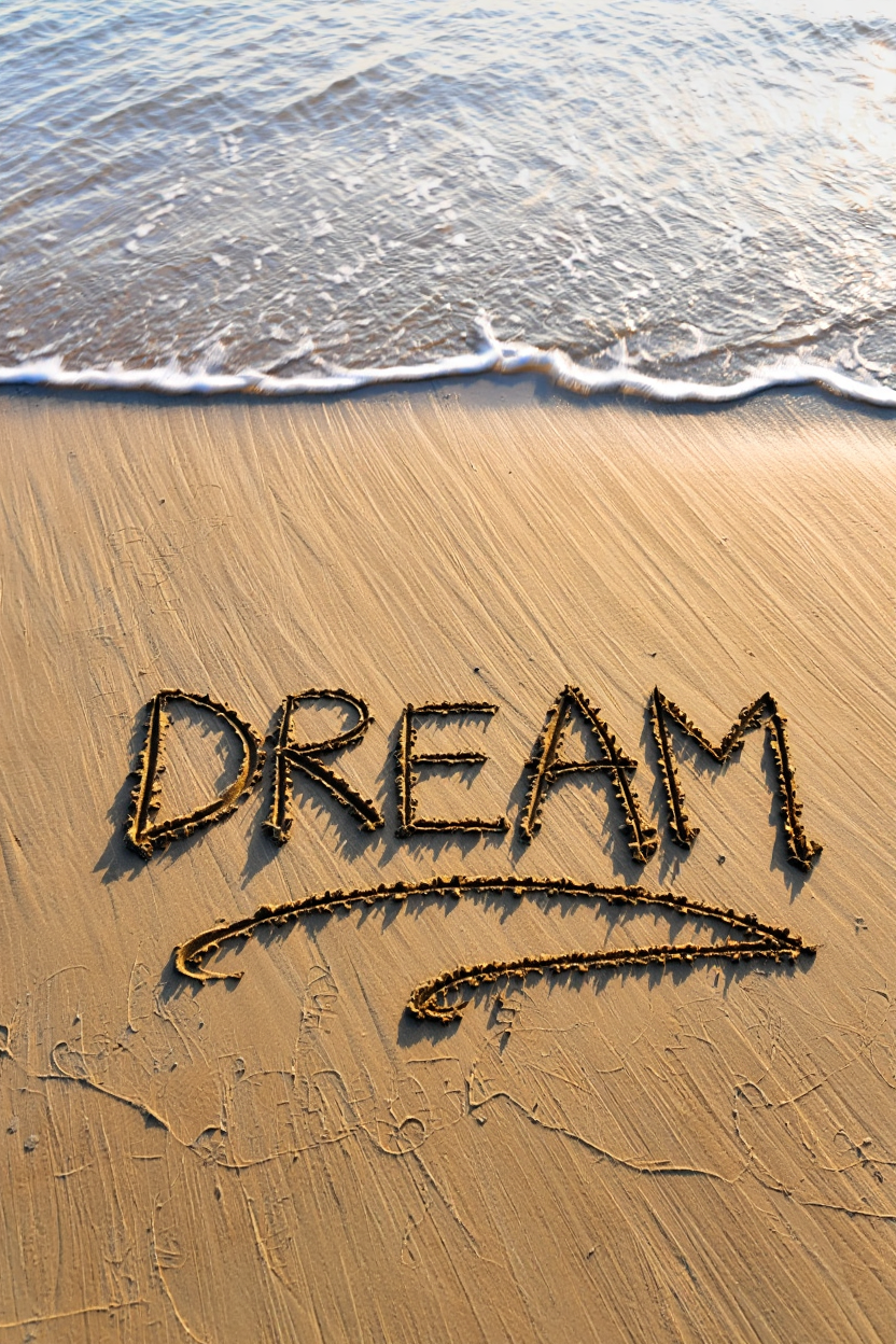 A high-angle photography "DREAM" hand-written in large capital letters on smooth, wet beach sand