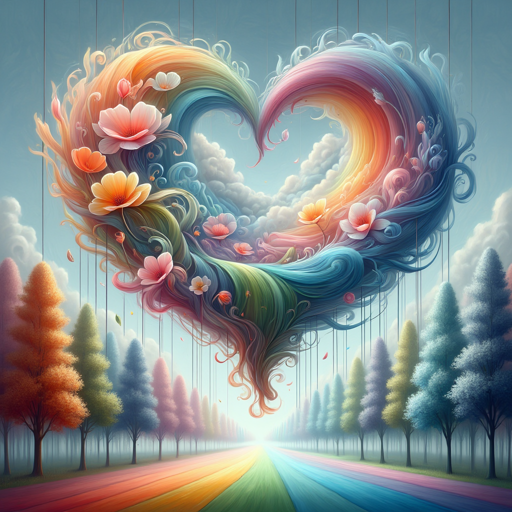 A fantastical digital painting depicts a heart-shaped formation composed of delicate coral-colored flowers