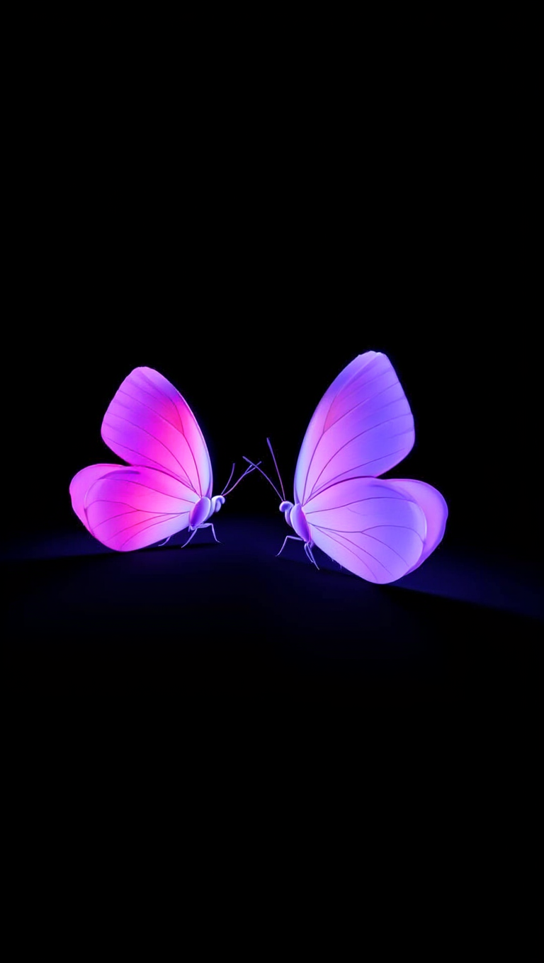 A digital 3D rendering of two luminous butterflies