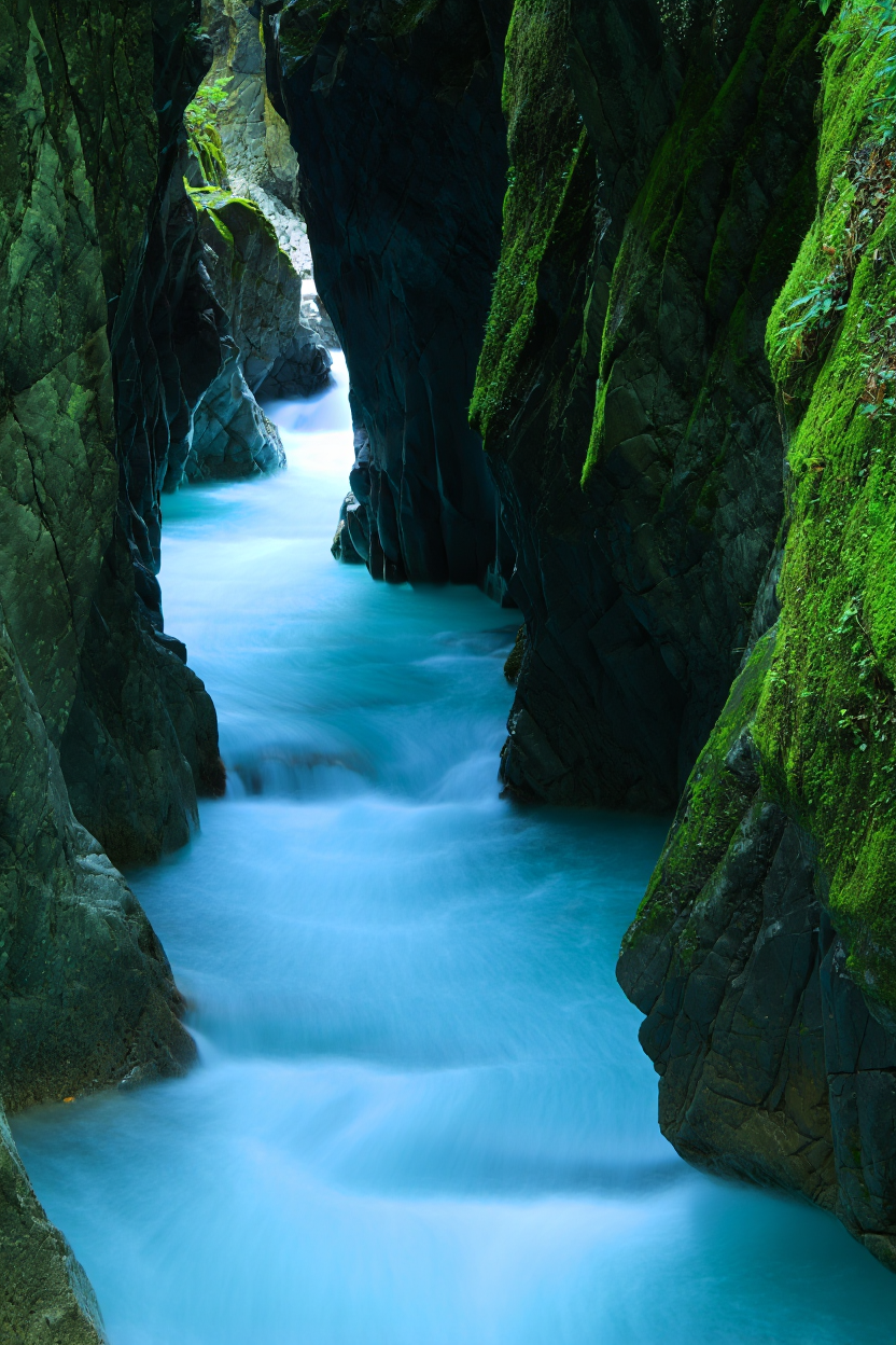 A dramatic landscape photograph captures a narrow mountain gorge where a turquoise-blue river flows between dark, towering rock walls