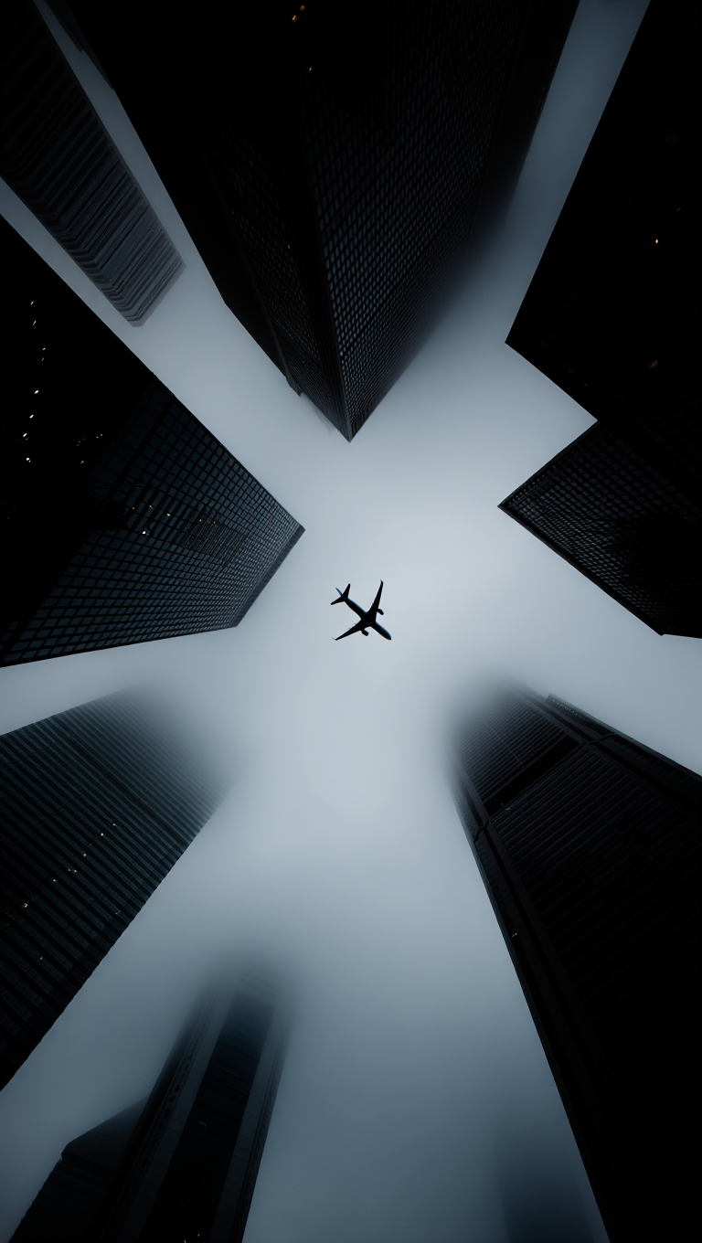 An atmospheric urban photography shot from an extreme low angle