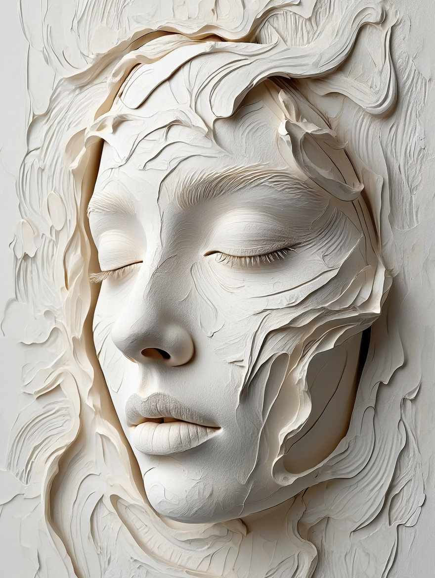 A monochromatic relief sculpture in pure white showcases a three-dimensional partial face emerging from a textured background