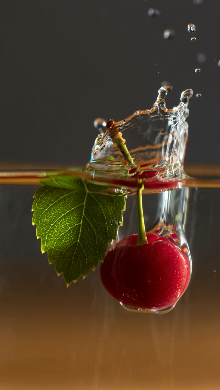 A high-speed macro photograph captures the precise moment a red cherry creates a crown-like splash in water