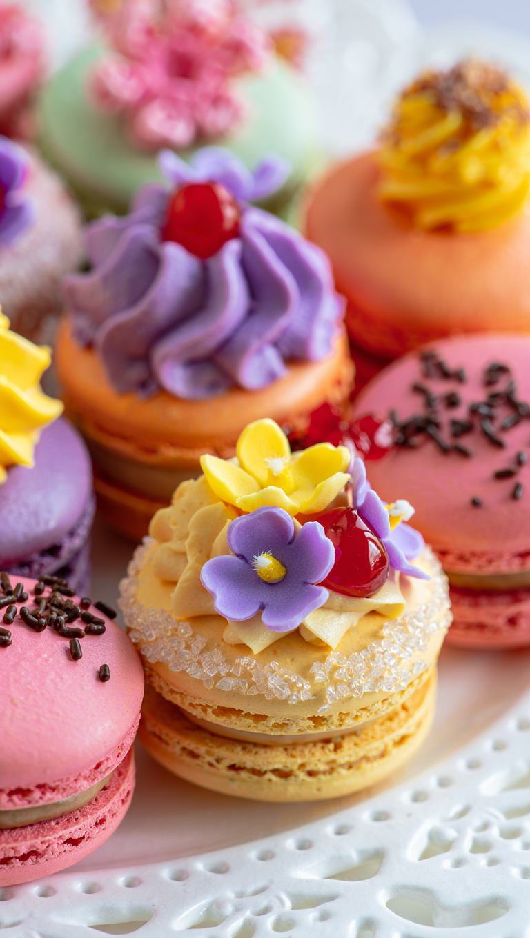 A close-up photograph of artistically decorated French macarons positioned on a white lace doily