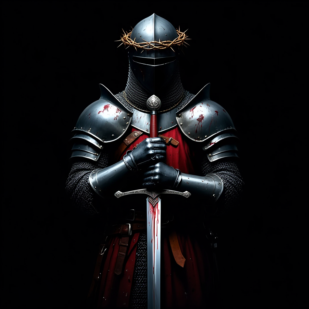 A dark fantasy illustration depicts a medieval knight standing in the center against a pure black background