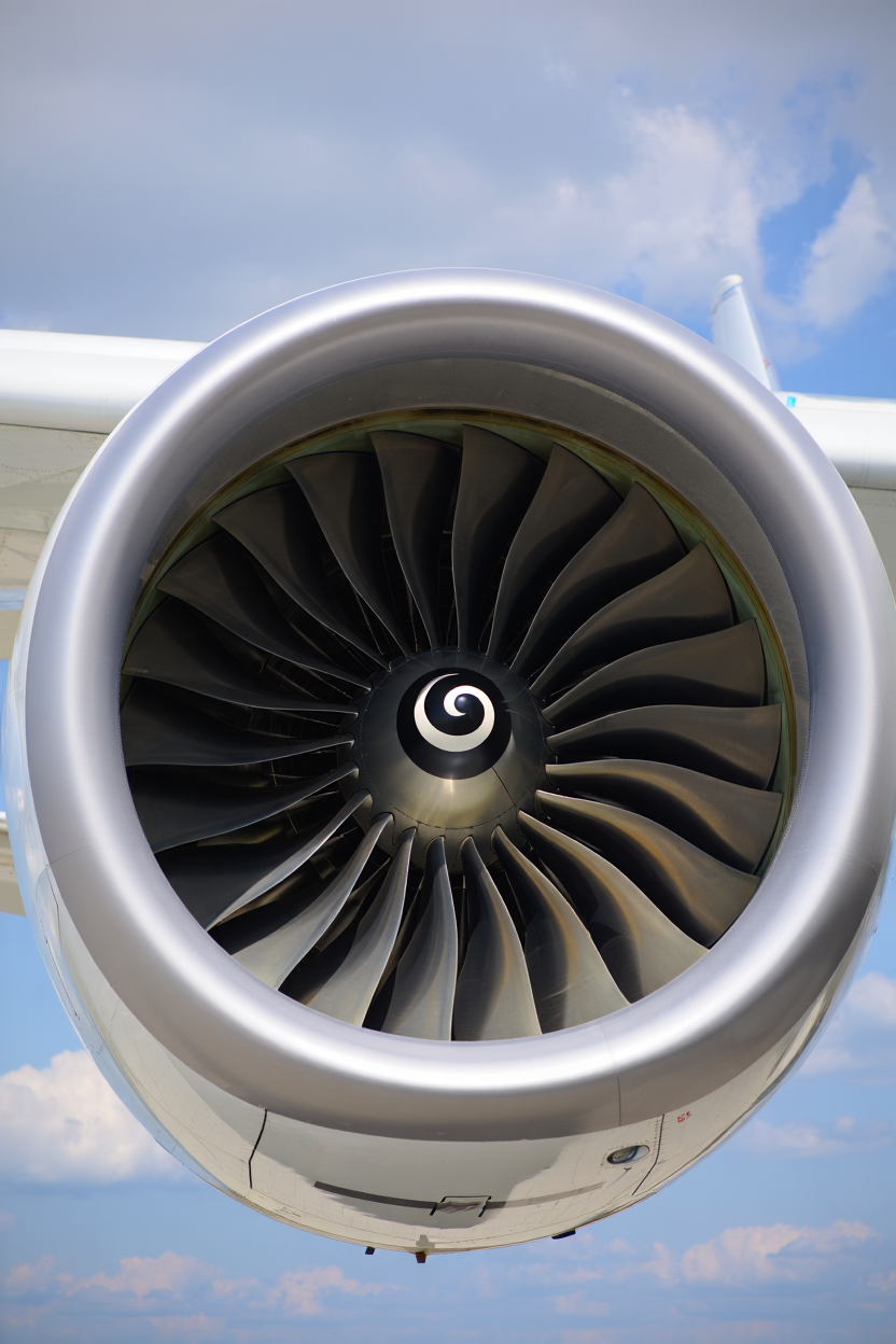 extreme close-up of a modern commercial jet engine turbine