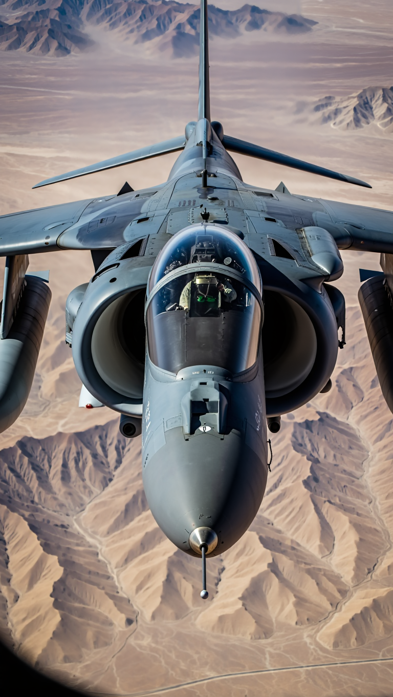 A close-up aerial photograph of an AV-8B Harrier II aircraft in flight over mountainous desert terrain