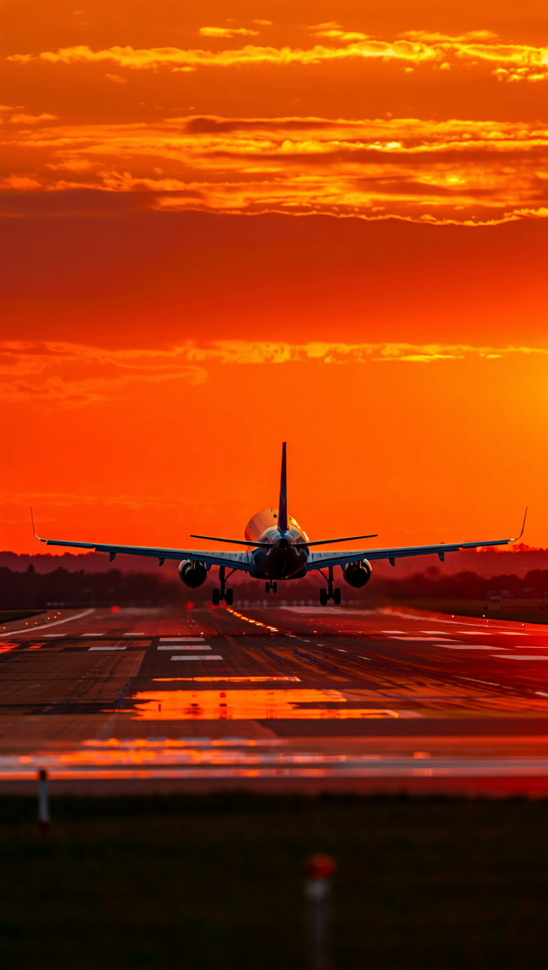 A commercial passenger aircraft approaches for landing on a wet runway during sunset, photographed from a low angle