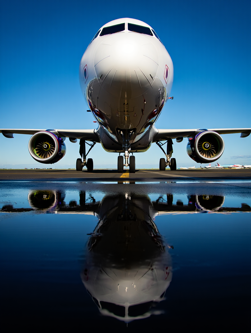 A professional aviation photograph captures a white commercial aircraft head-on from a low angle on a wet tarmac