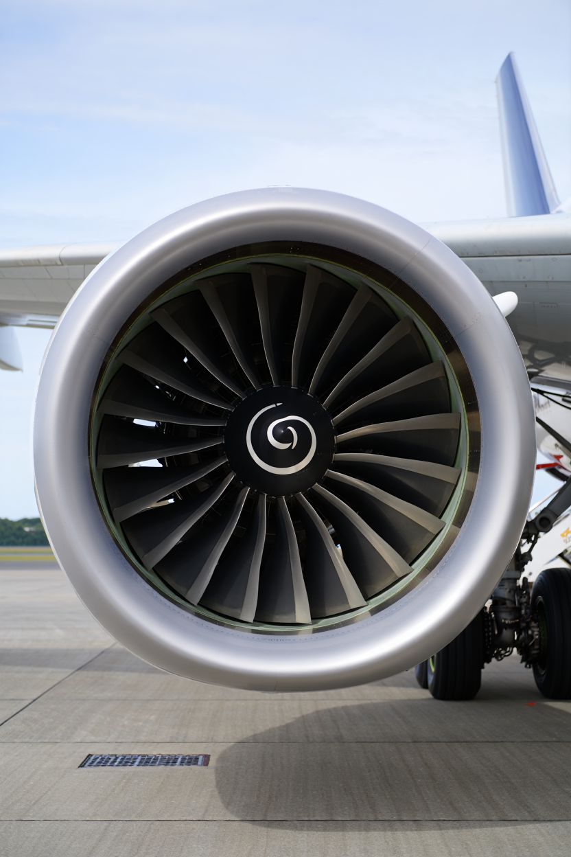 A professional close-up photograph of a modern commercial aircraft turbofan engine, featuring a perfectly centered composition of the engine's massive fan section