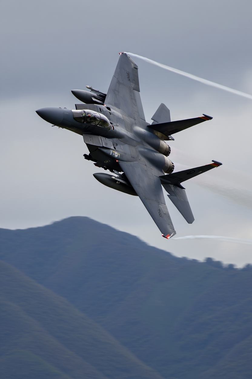 A U.S. Air Force F-15E Strike Eagle fighter aircraft executes a low-level flight maneuver over mountainous terrain