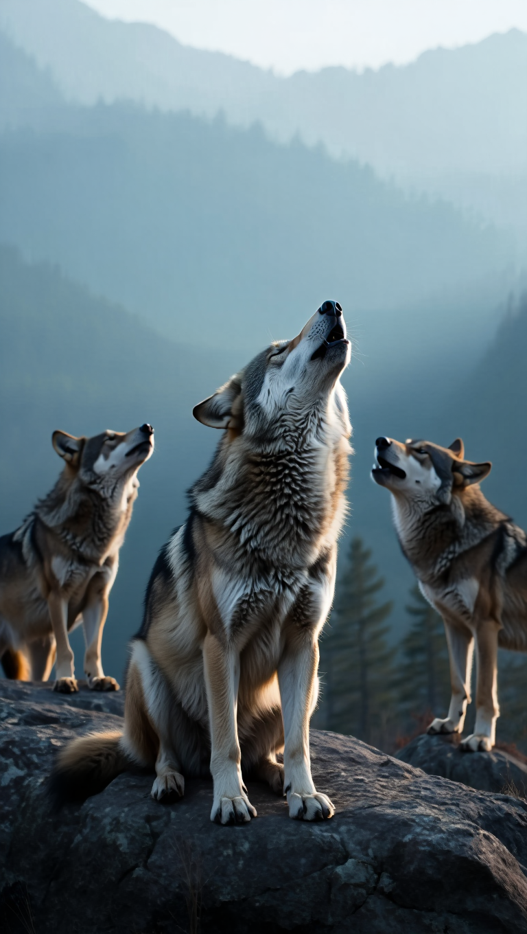 A dramatic wildlife photograph captures three grey wolves (Canis lupus) positioned on a rocky outcrop against a misty mountain landscape at dawn