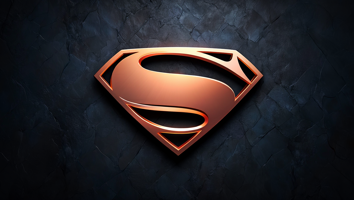 A modern 3D rendering of the iconic Superman logo centered against a dark, textured background