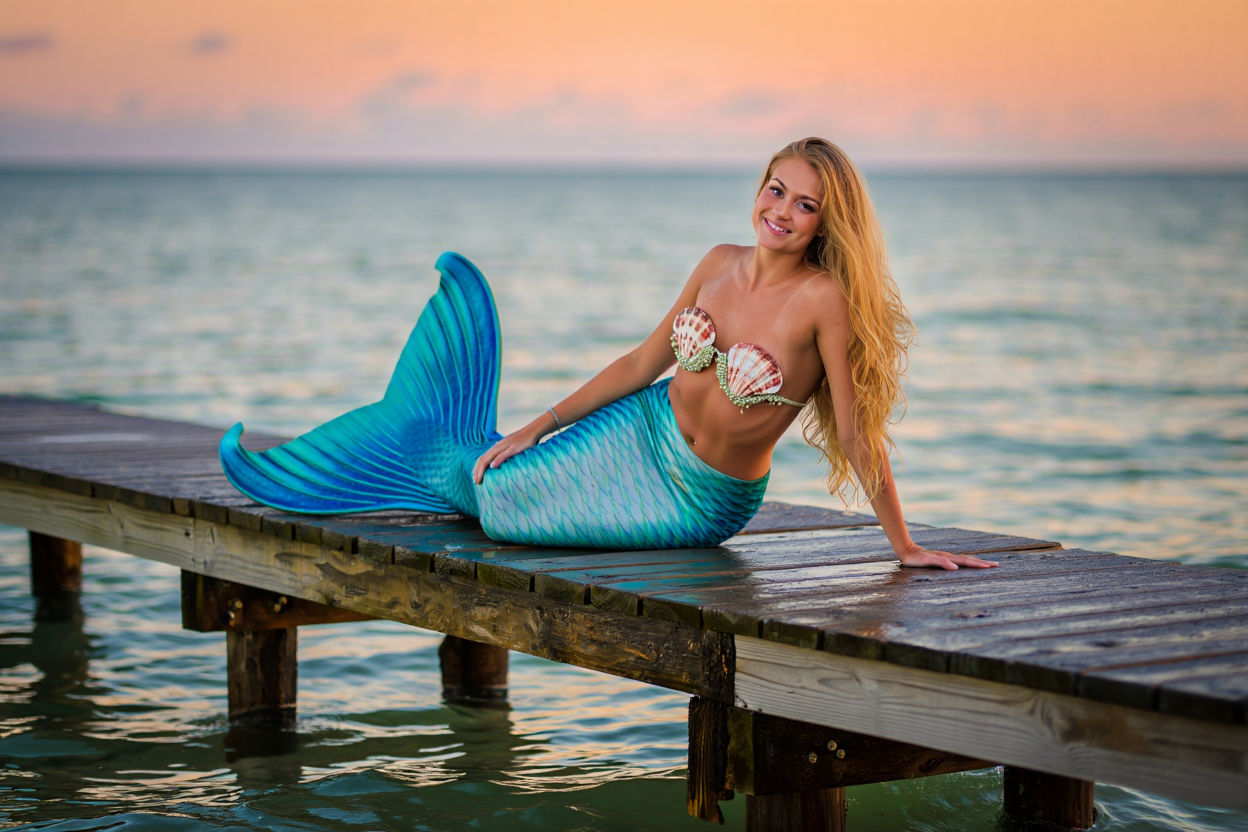 A mermaid with a shimmering turquoise tail and long flowing blonde hair sits on a weathered wooden pier extending into calm ocean waters at sunset