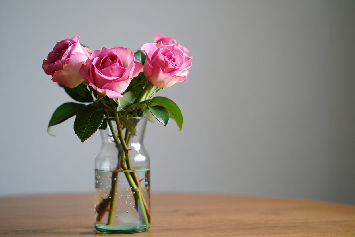 Three pink roses with green stems and leaves stand upright in a clear glass vase on a wooden table against a soft grey background