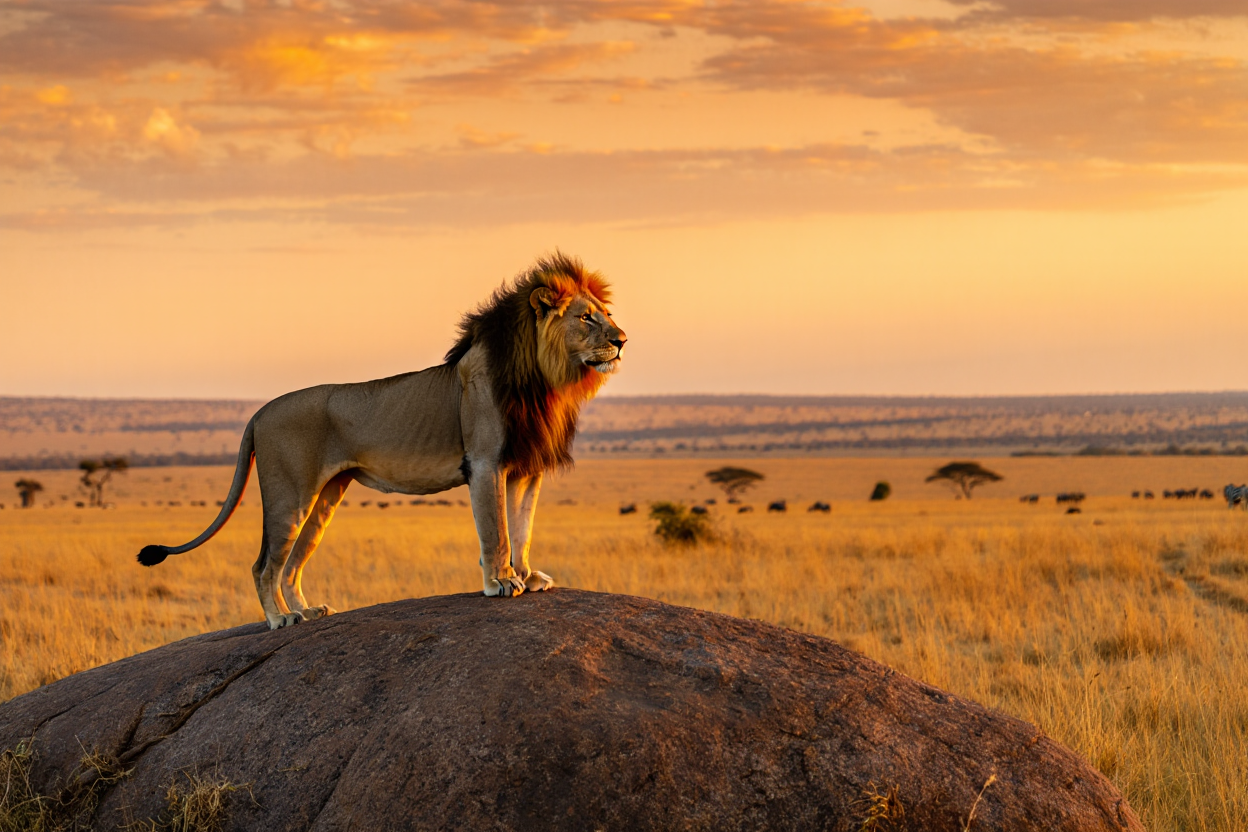 A majestic adult male lion stands atop a large flat-topped boulder against a backdrop of golden African savanna grasslands at sunset