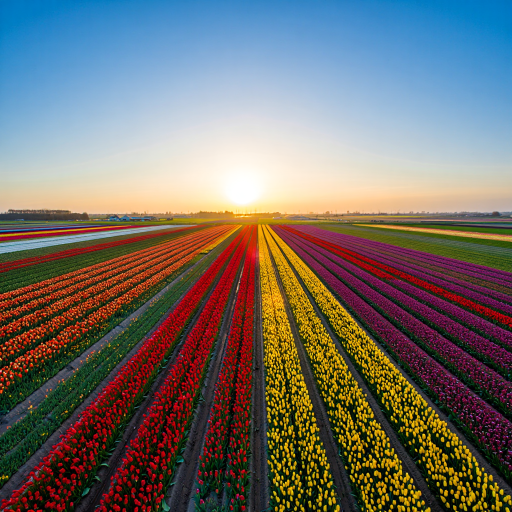 An aerial photograph of vast Dutch tulip fields captured at dawn