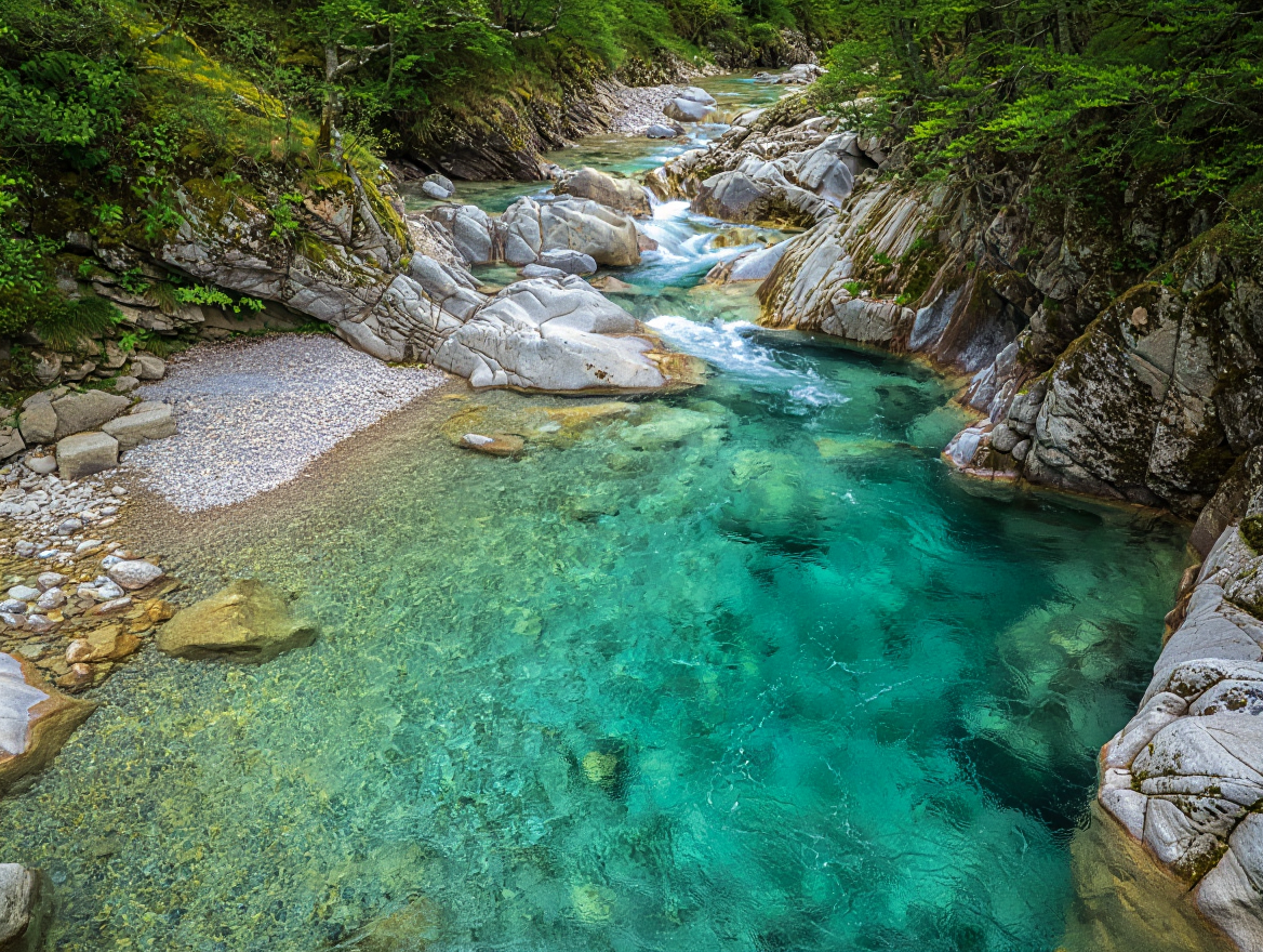 A crystal clear turquoise river flows through the Val Verzasca in Switzerland