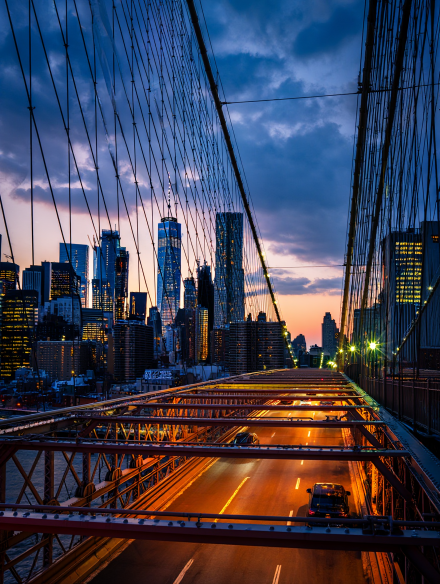 A dusk photograph of the Manhattan skyline captured from an elevated position shows the Brooklyn Bridge in the foreground with its cables and towers illuminated by warm yellow lights