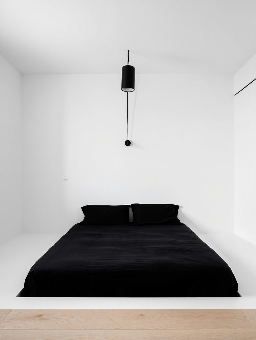 A minimalist bedroom interior featuring a stark contrast between pure white walls and black furnishings