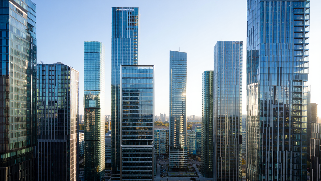 Modern glass and steel skyscrapers dominate an urban skyline