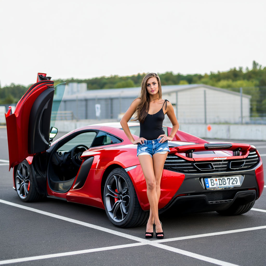 Model posing near red McLaren sports car