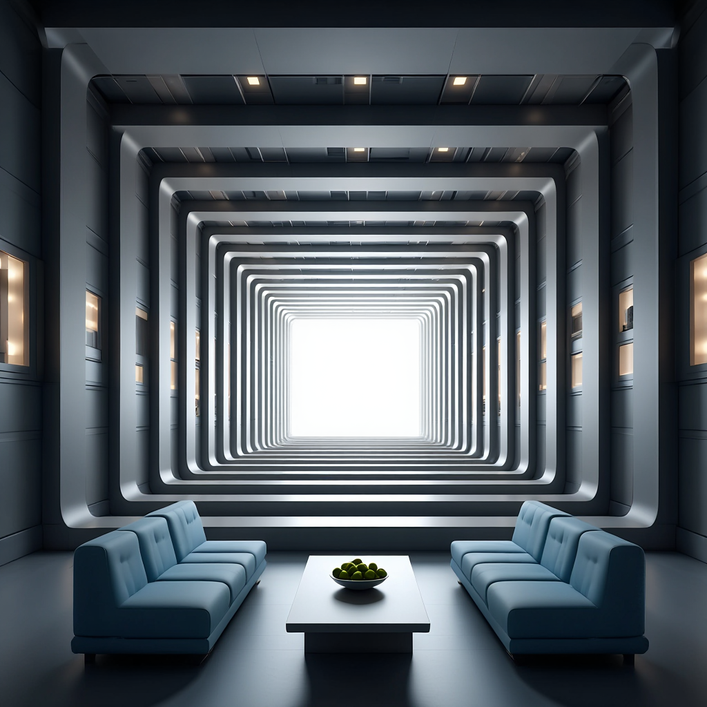 A hyper-modern 3D rendered interior space