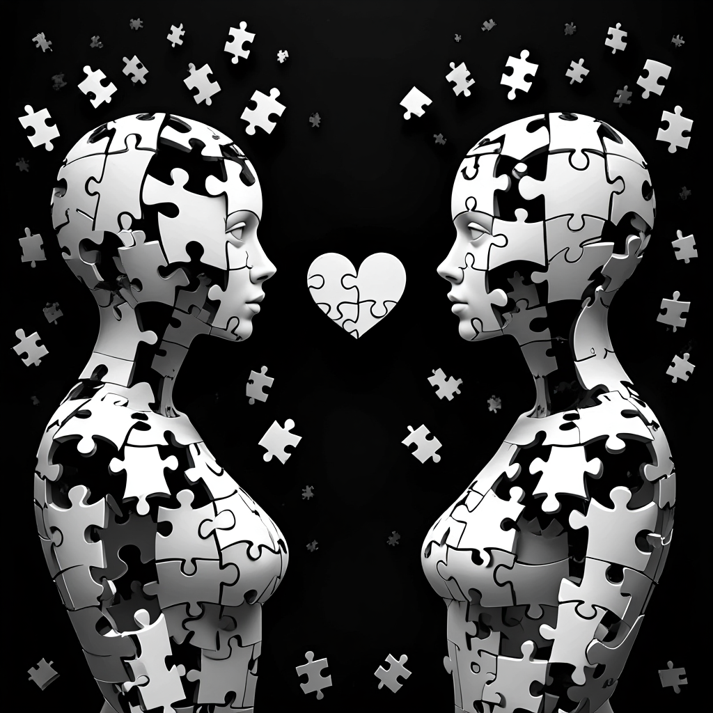 A black and white digital artwork love puzzles
