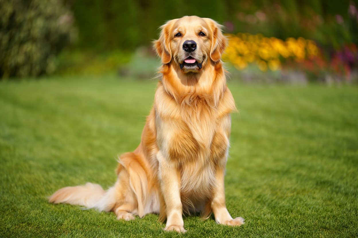 A golden retriever dog sits upright on green grass in a sunlit outdoor setting