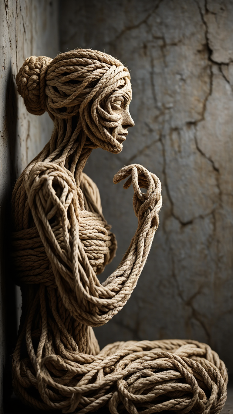 Sculptural woman figure crafted entirely from thick nautical rope