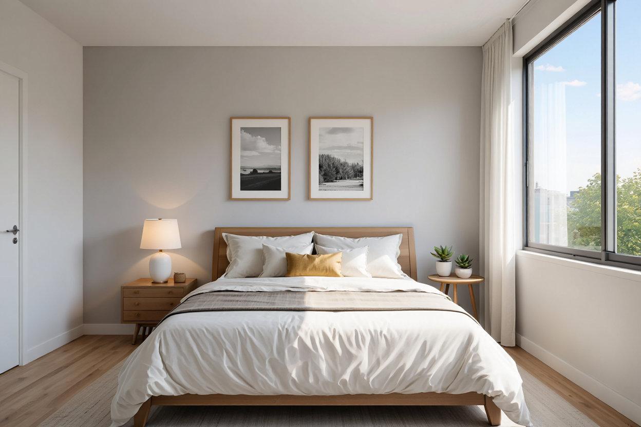 A modern bedroom with a large bed featuring a white duvet and multiple matching pillows in the center of the frame