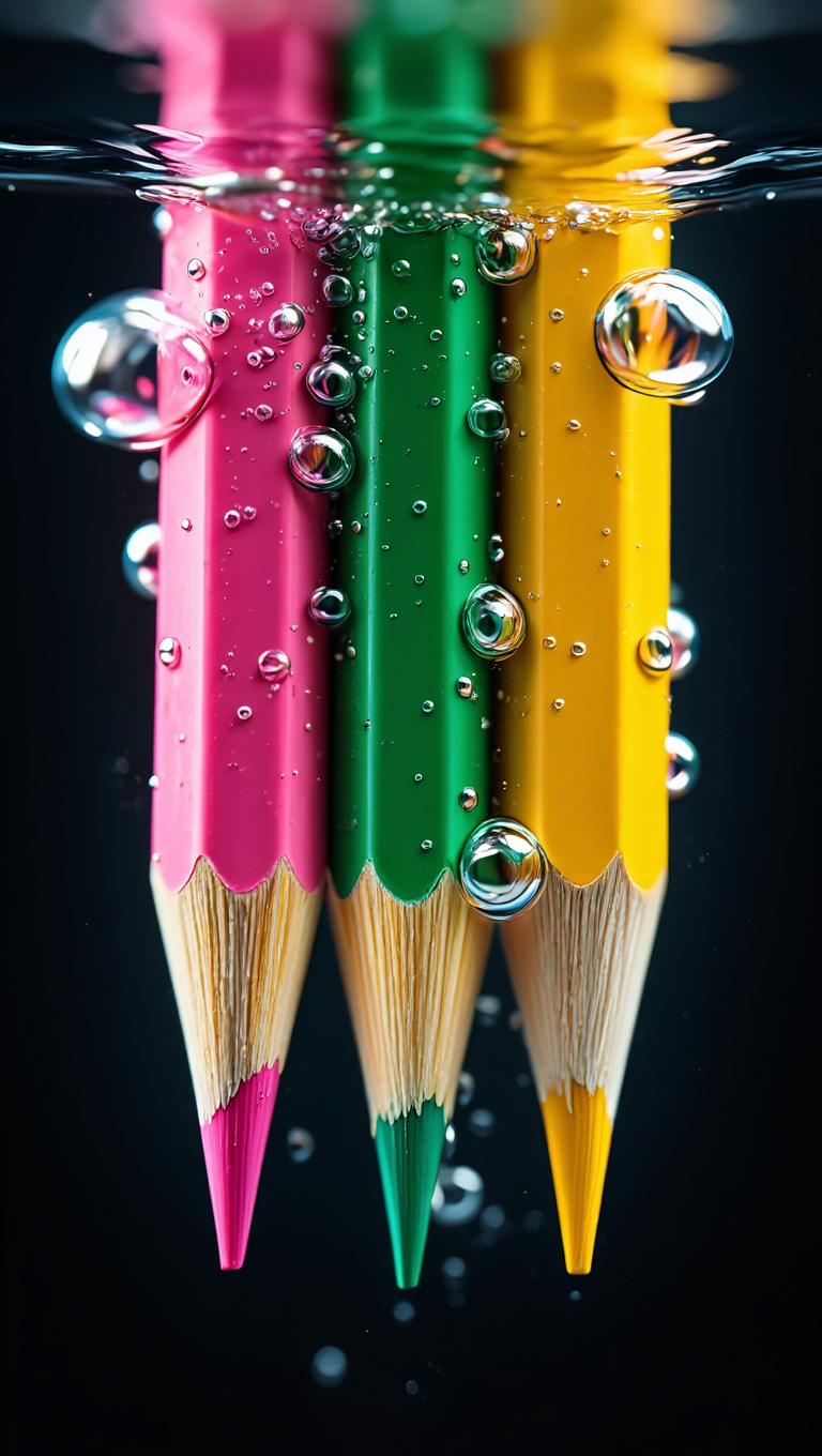 An extreme macro photograph of three sharpened colored pencils - pink, green, and yellow - submerged in clear water against a black background