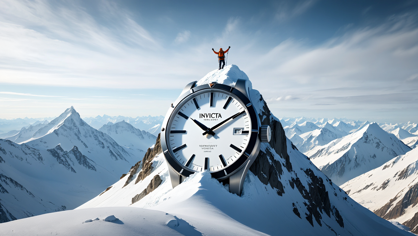 A surreal digital art composition featuring a massive luxury watch