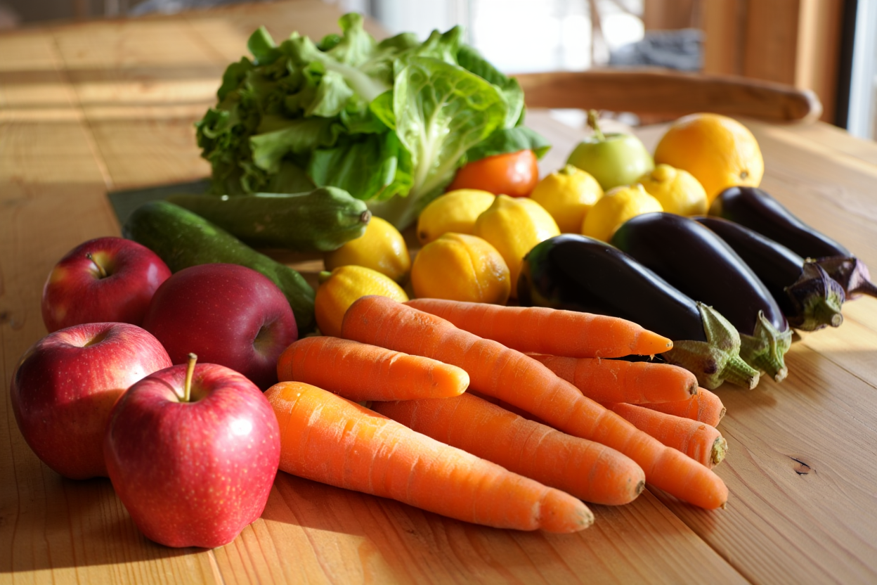 Fresh fruits and vegetables arranged on a rustic wooden table in natural sunlight