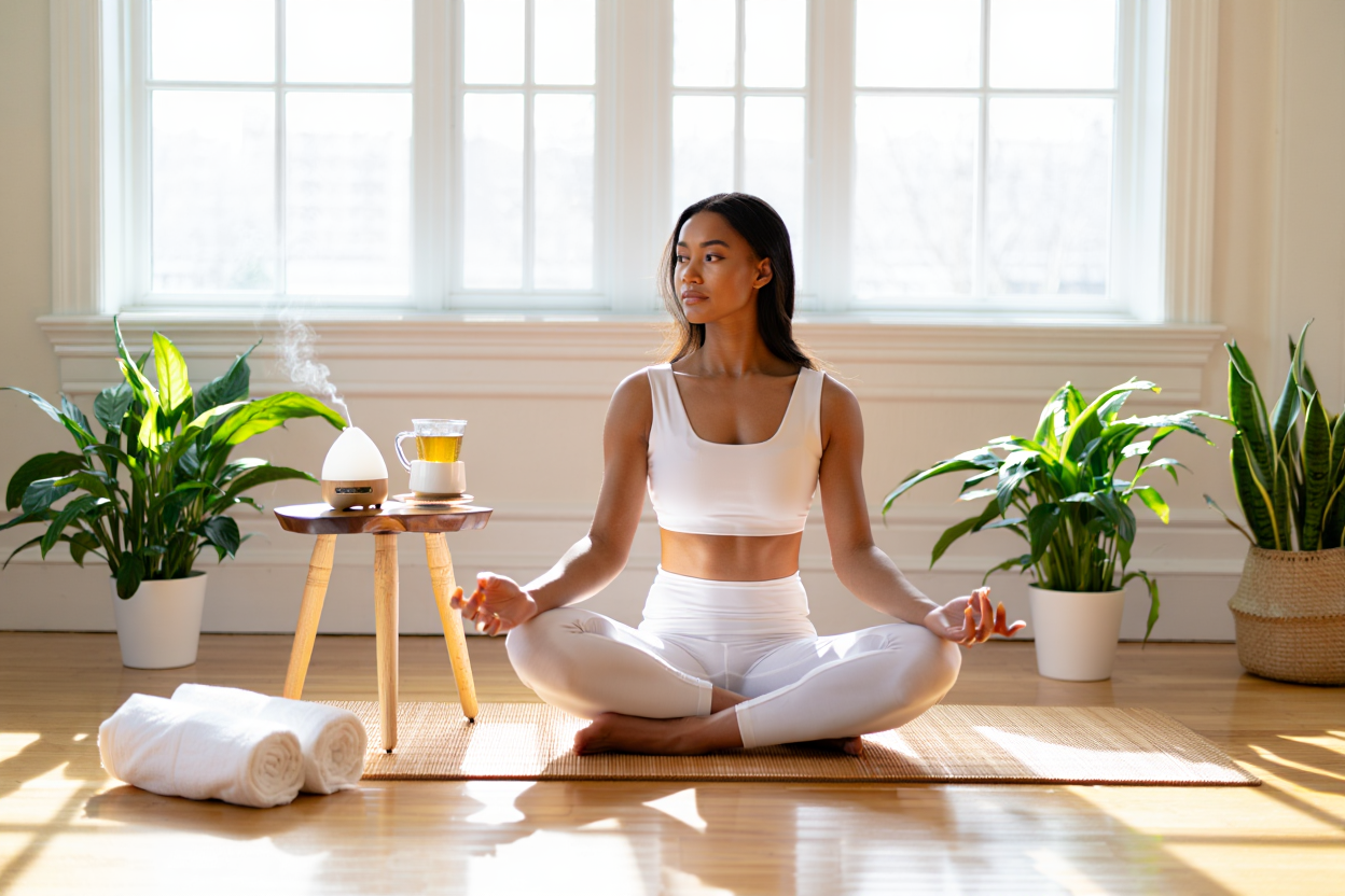 Comfortable white yoga attire sitting in lotus position on a natural bamboo mat