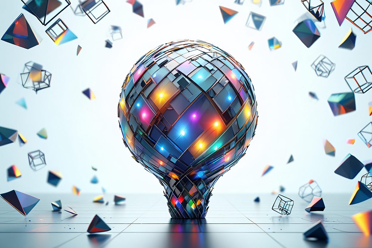 A tall chrome metallic sphere covered in an intricate pattern of geometric shapes floats in a white void