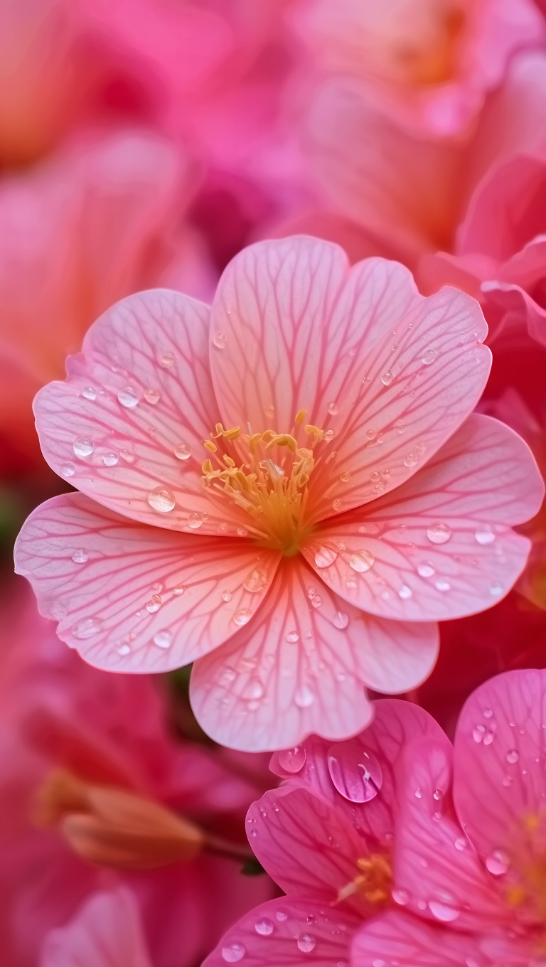 A close-up macro photograph of a delicate five-petaled pink flower with intricate vein patterns and translucent petals