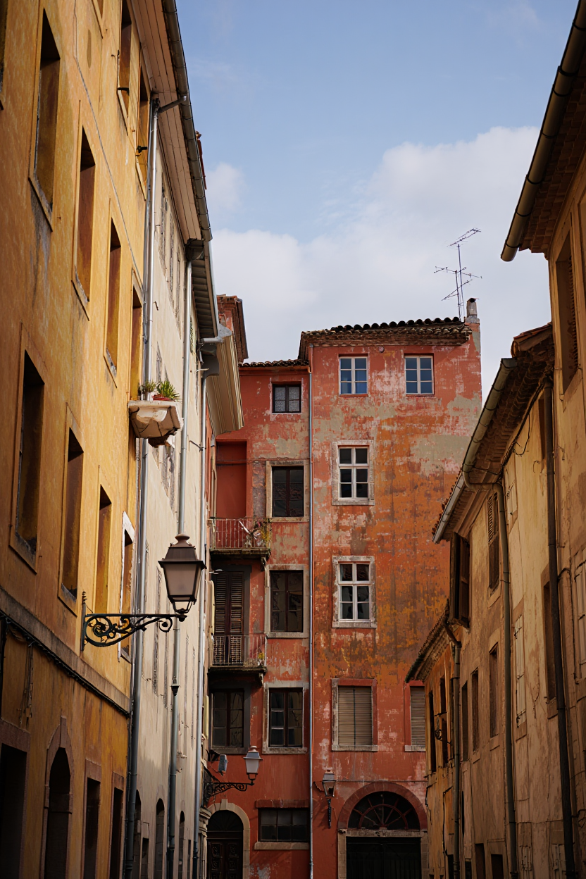 European street lined with historic multi-story buildings featuring warm ochre