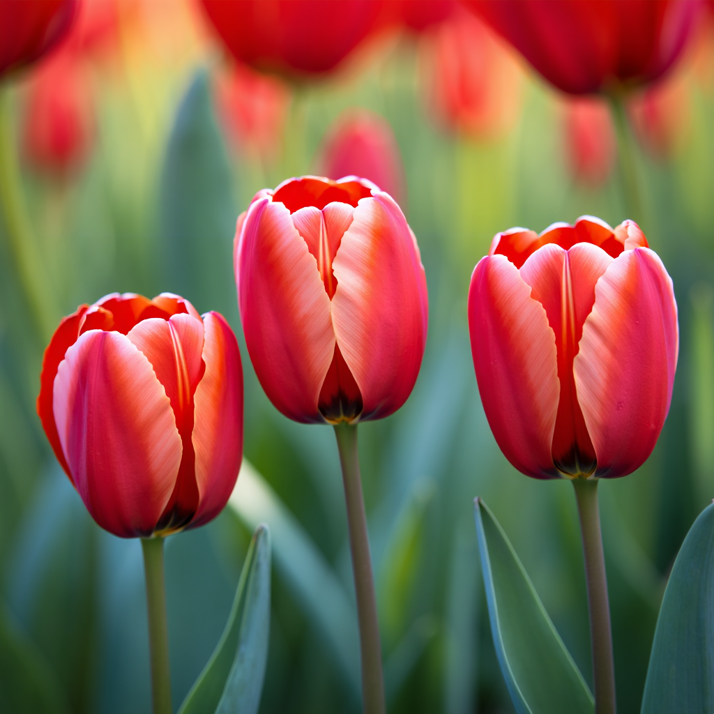 Three vibrant red tulips