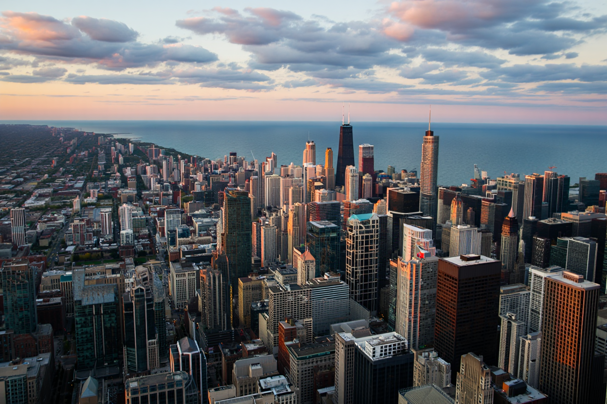 Chicago's downtown skyline captured during sunset