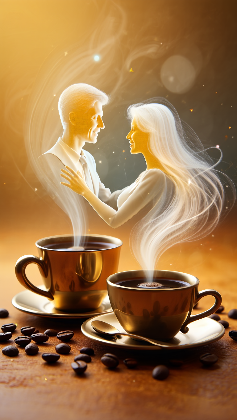 Two elegant golden-brown metallic coffee cups with matching saucers are positioned symmetrically in the foreground of the compositio