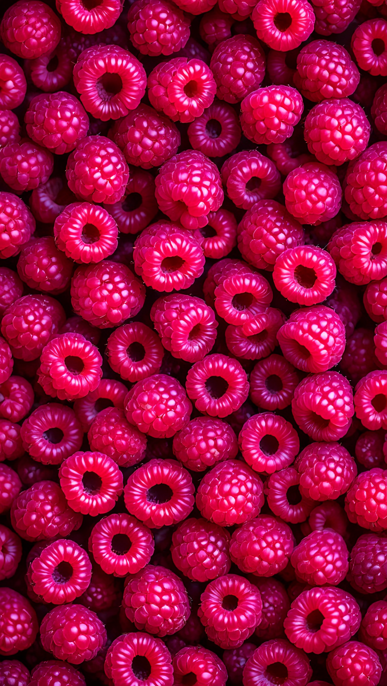Extreme close-up overhead shot of fresh red raspberries arranged in a dense pattern