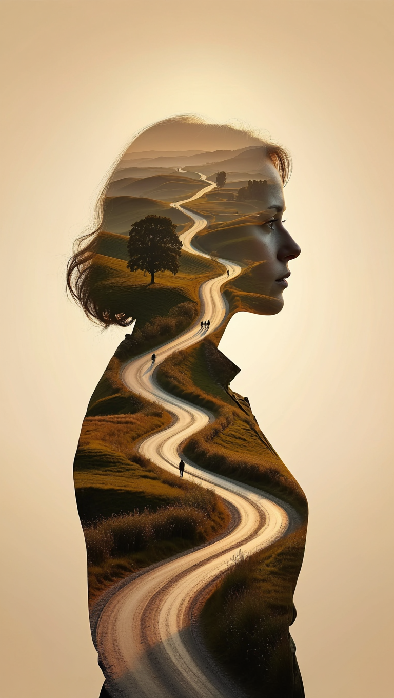 Double exposure composition where a female silhouette's profile contains an entire golden-hour landscape scene