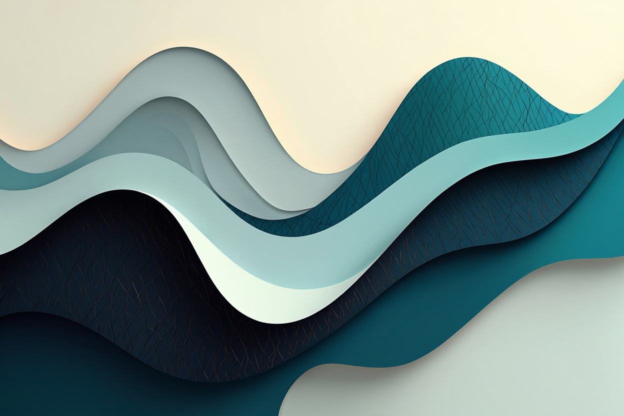 Shapes in a cool color palette against a light cream textured background