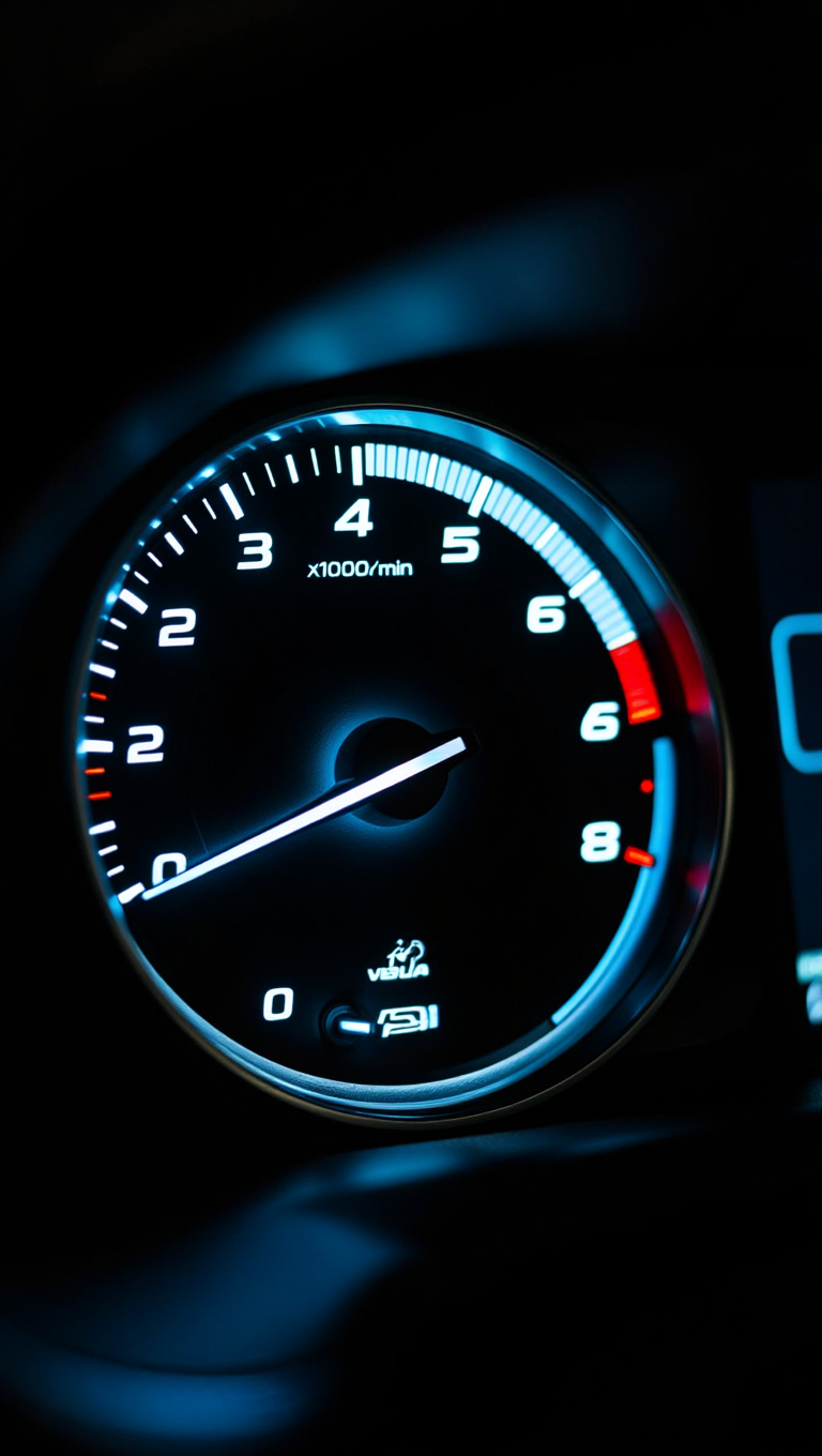 Automotive tachometer gauge captured at night from an interior camera position
