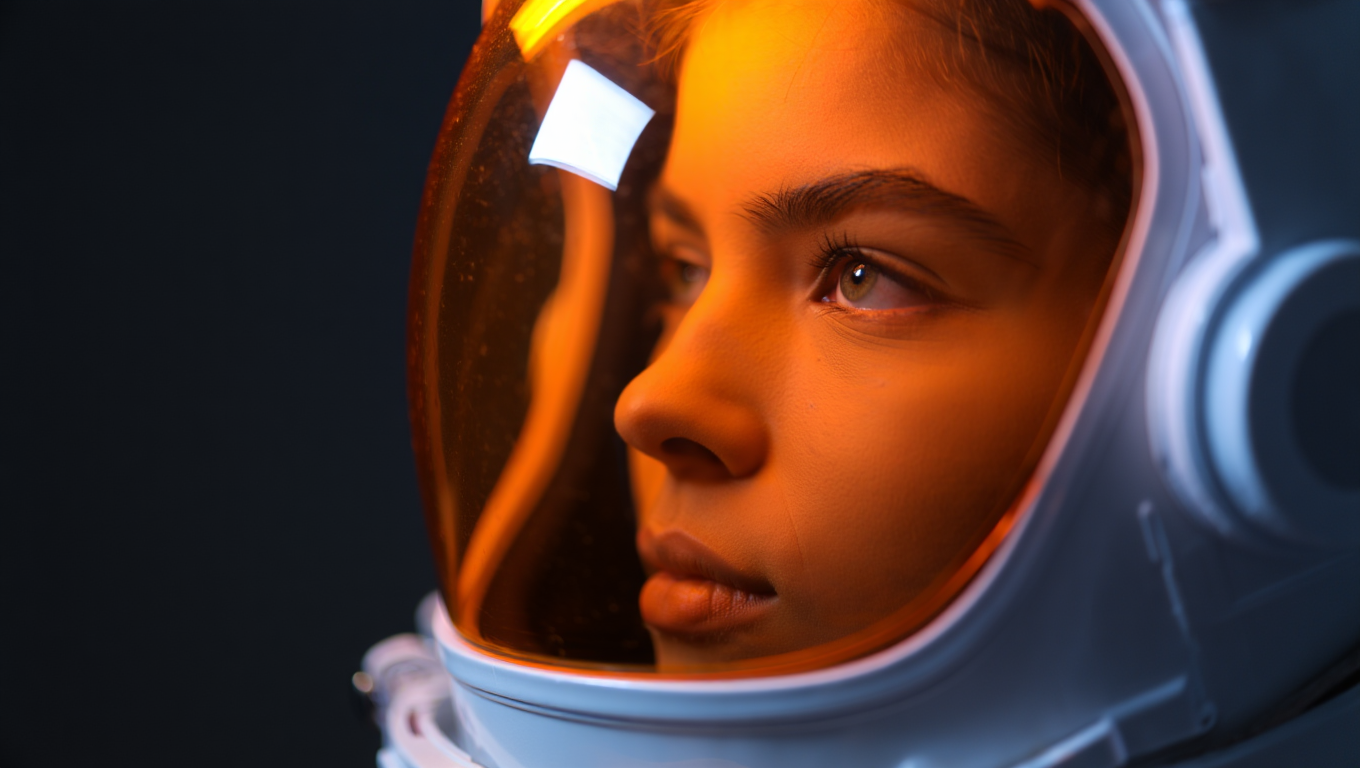 A close-up portrait photograph shows a female figure wearing a sleek futuristic astronaut helmet with a bright orange visor.