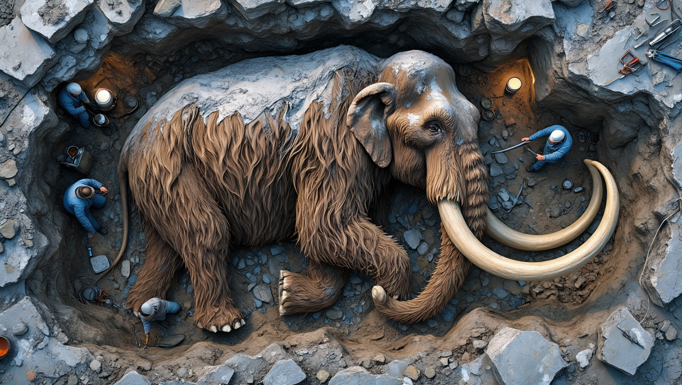 A perfectly preserved 40,000-year-old woolly mammoth lies partially exposed in a rocky wall of permafrost, its brown fur and curved tusks still intact