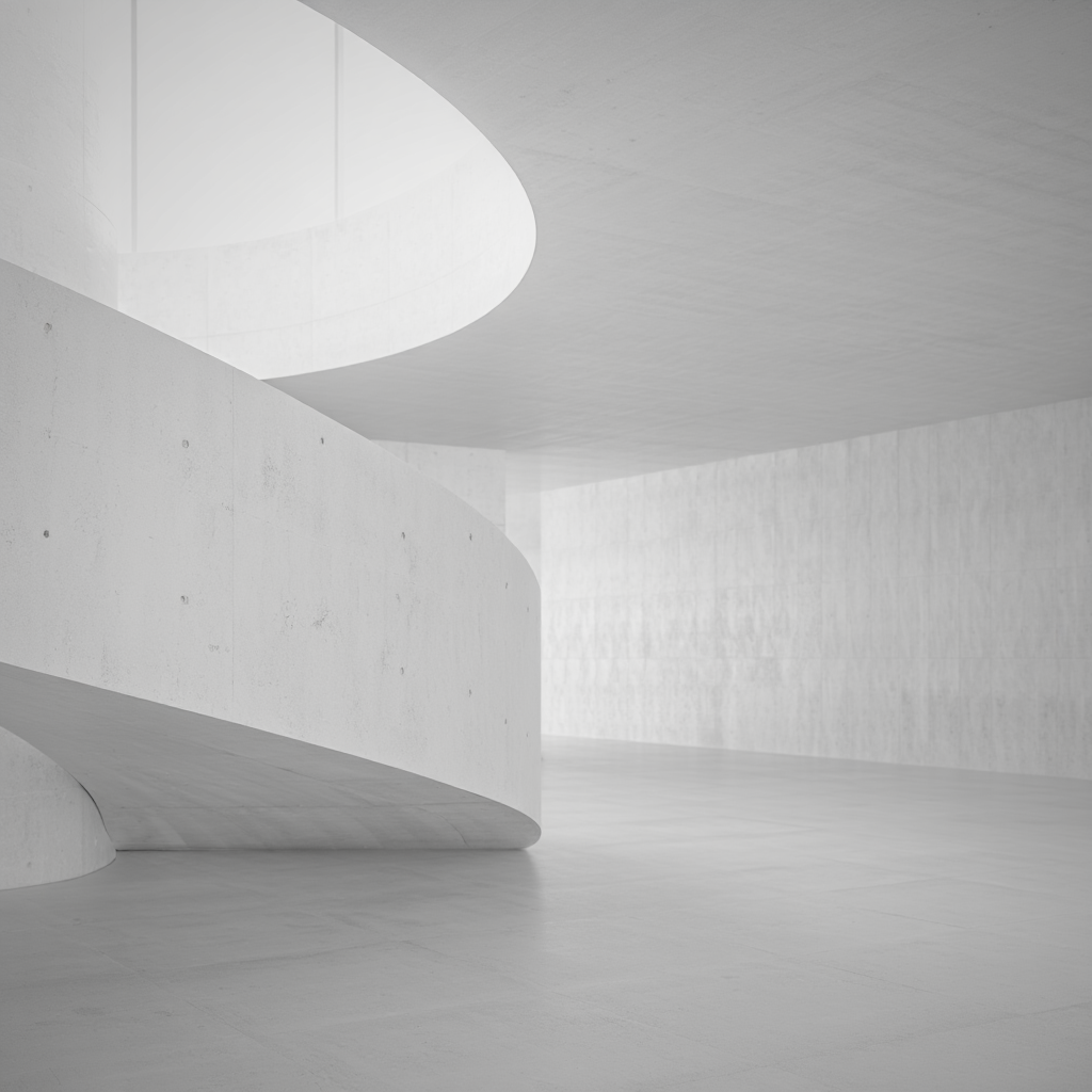 A monochrome interior space features curved concrete walls flowing seamlessly into the ceiling, creating organic architectural forms