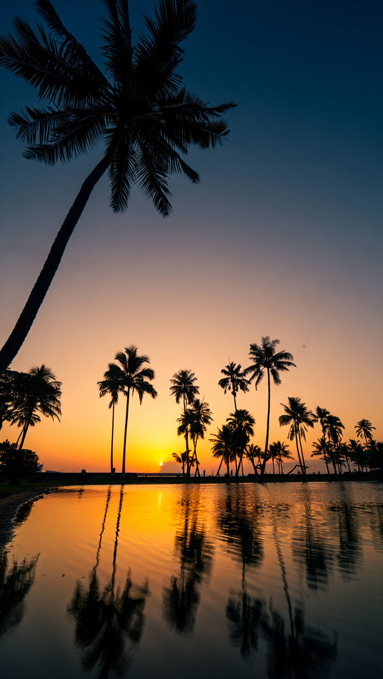 A tropical landscape photograph captures a serene sunset scene with multiple coconut palm trees silhouetted against a dramatically colored sky