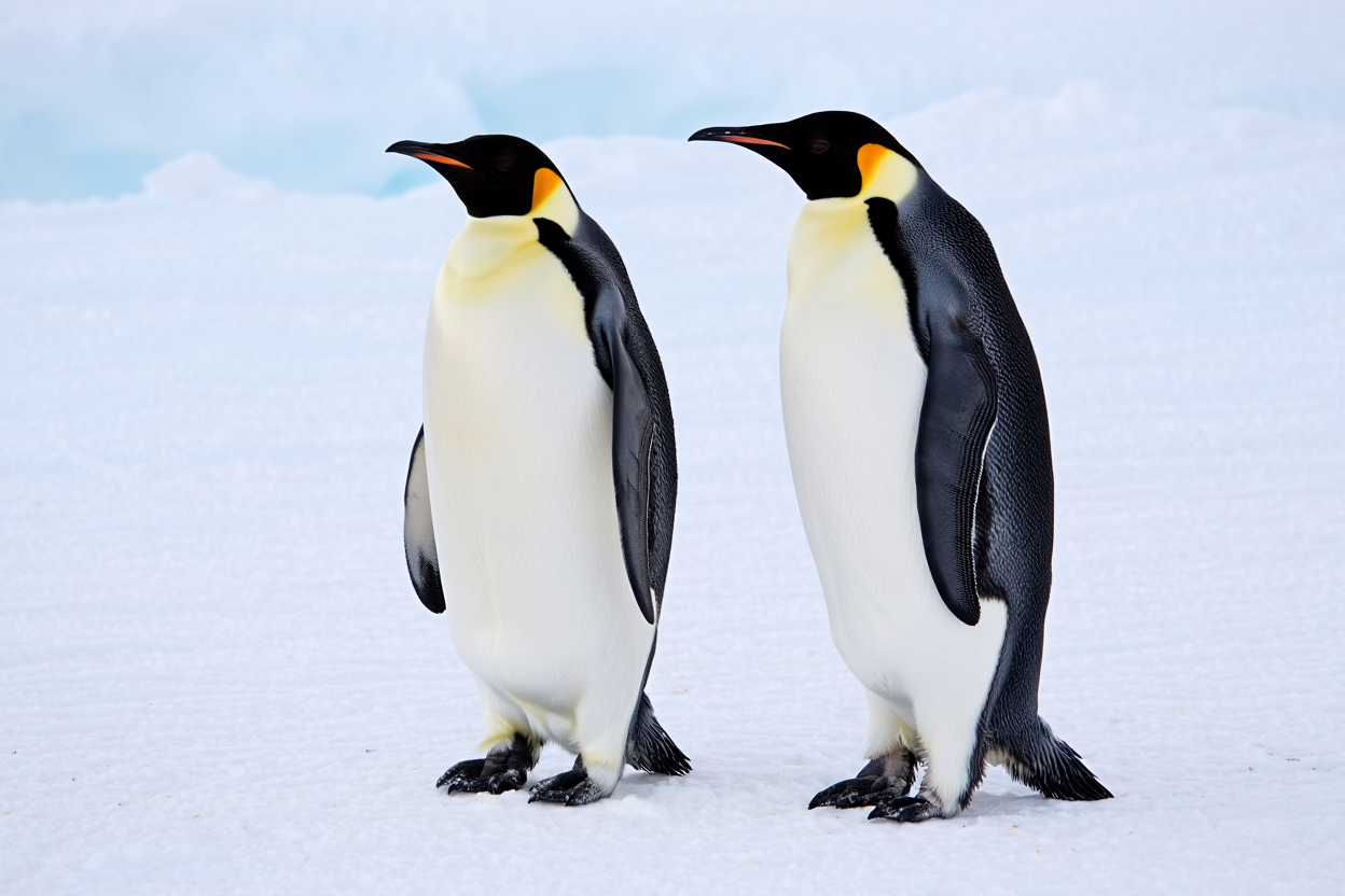 Two adult emperor penguins stand side by side on a pristine white snow-covered landscape